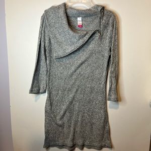 Gray knit sweater with zip up on neckline (size large).
